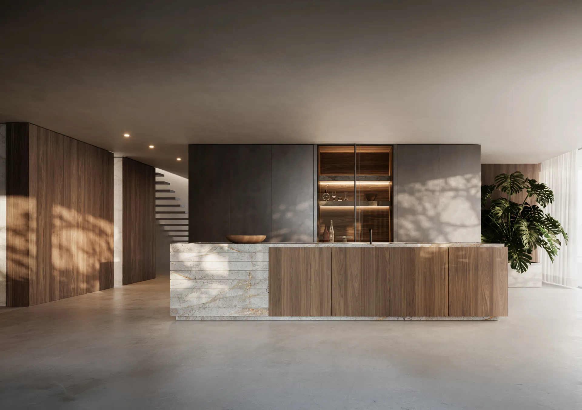 Cucina moderna con isola, materiali nobili